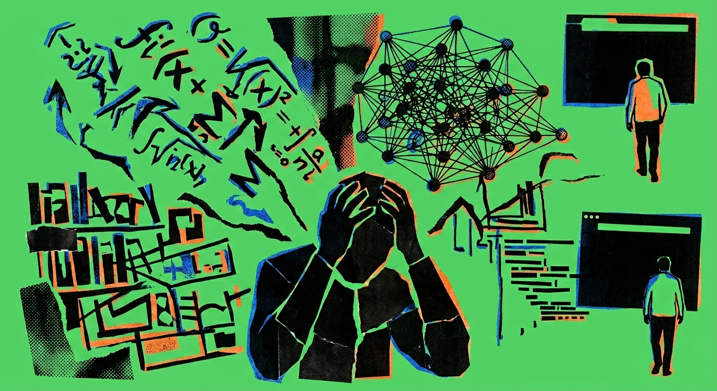 A confused character surrounded by AI and math symbols