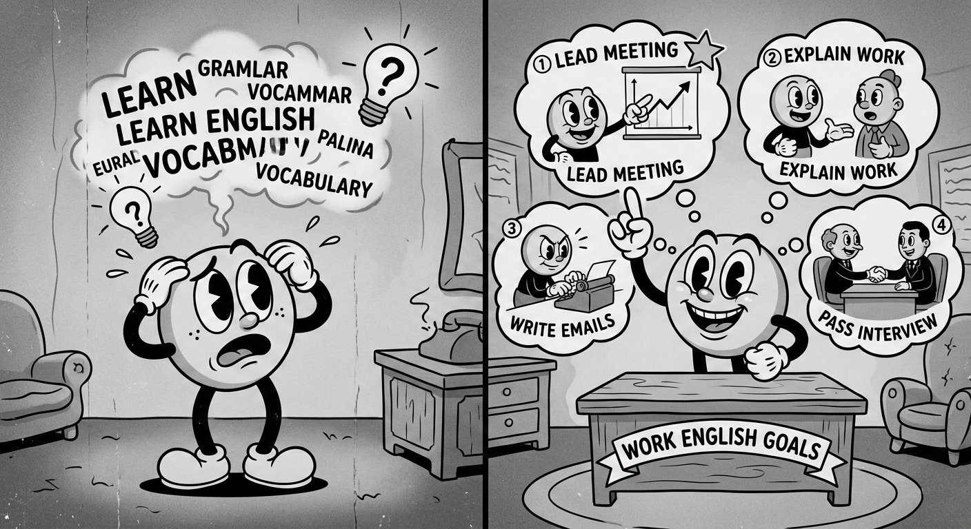 Setting a specific work English goal — choosing one scenario like meetings, emails, or job interviews to improve fast